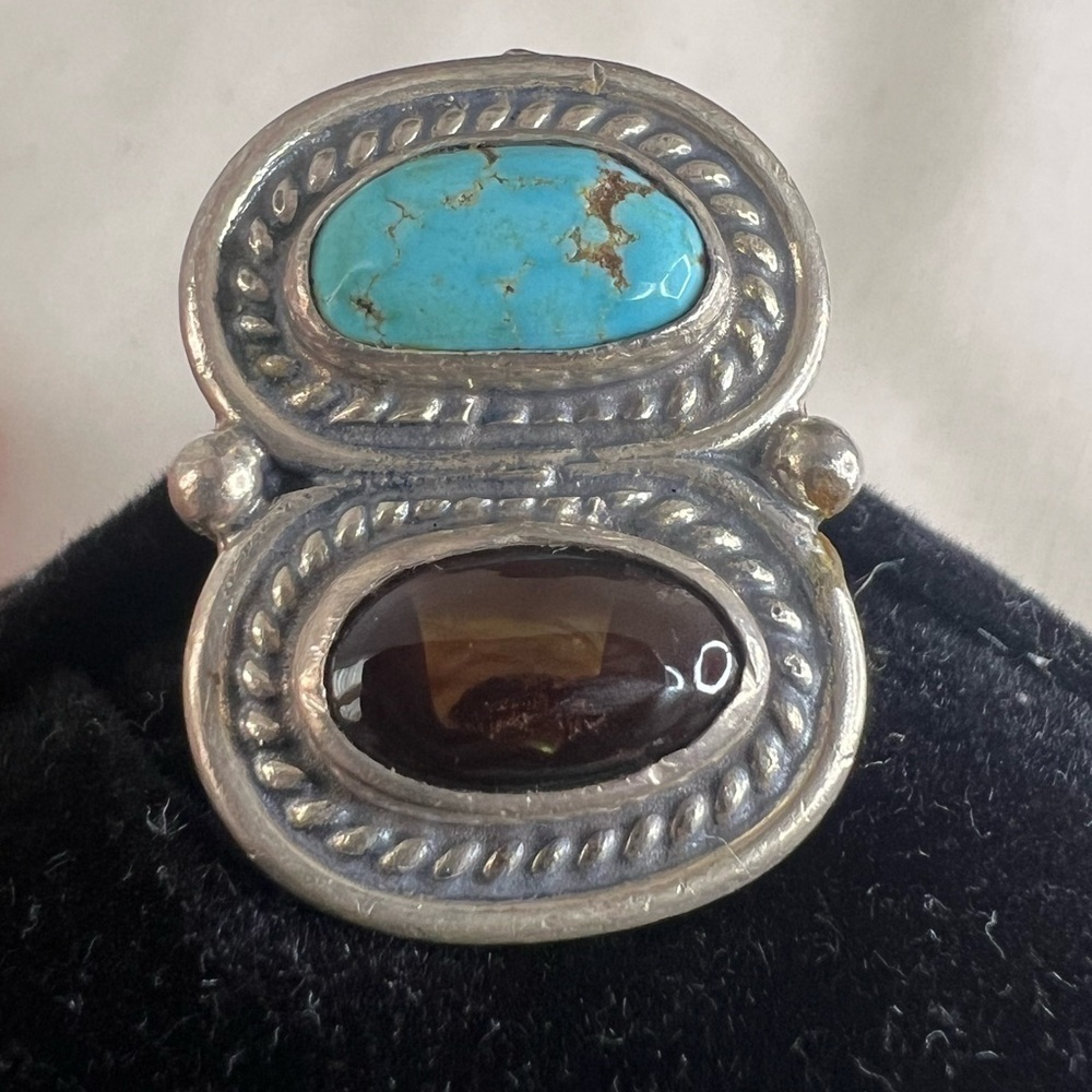 Vintage Turquoise & Tigers Eye Sterling Silver Ring Size 8 B5